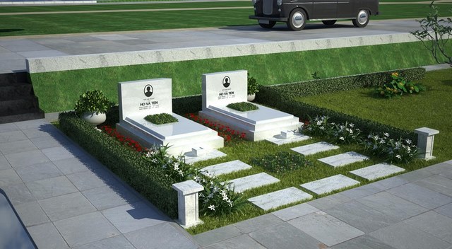 Ngôi mộ đôi bằng đá granite được thiết kế vô cùng đơn giản, không có các chi tiết chạm trổ cầu kỳ